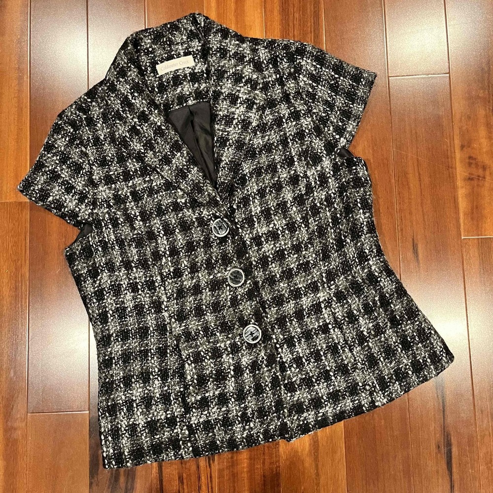 Coldwater Creek Gray Black Wool Jacket Plaid Short Sleeve Blazer Size Petite 8